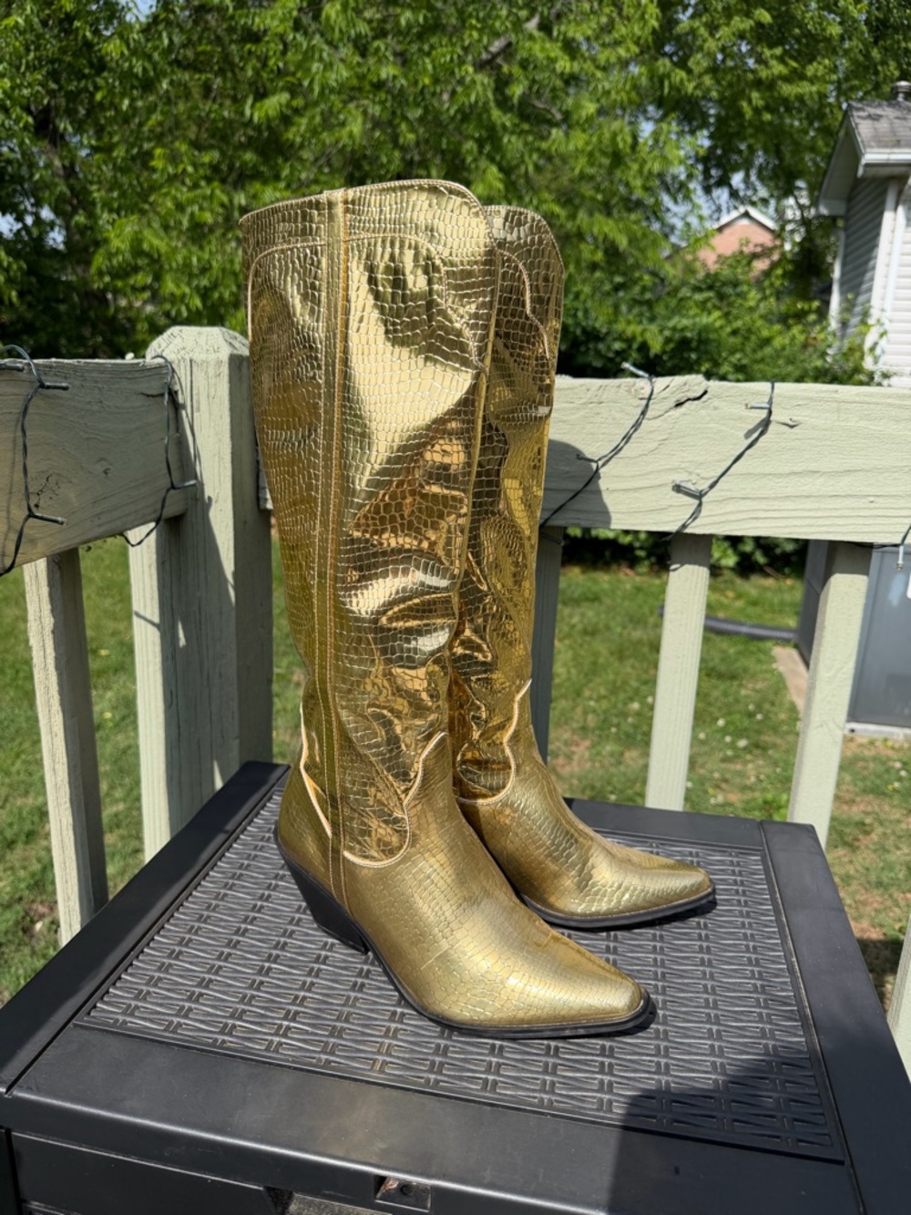 Amazon Gold Metallic Croc-Embossed Women's Knee-High Boots - Picture 4 of 7